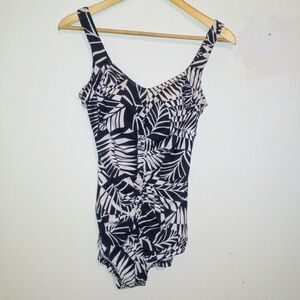 VTG Maxine Of Hollywood Palm Leaf One Piece Swimsuit-Size 12-Ruched-Lined-Pads